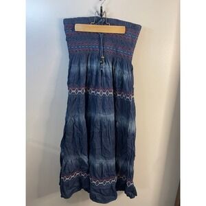Fantazia Womens Medium Blue Denim Cotton Smocked Tiered Embroidered Dress Skirt